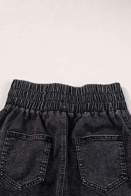 image-Black Smocked High Waist Mineral Washed Jean Shorts