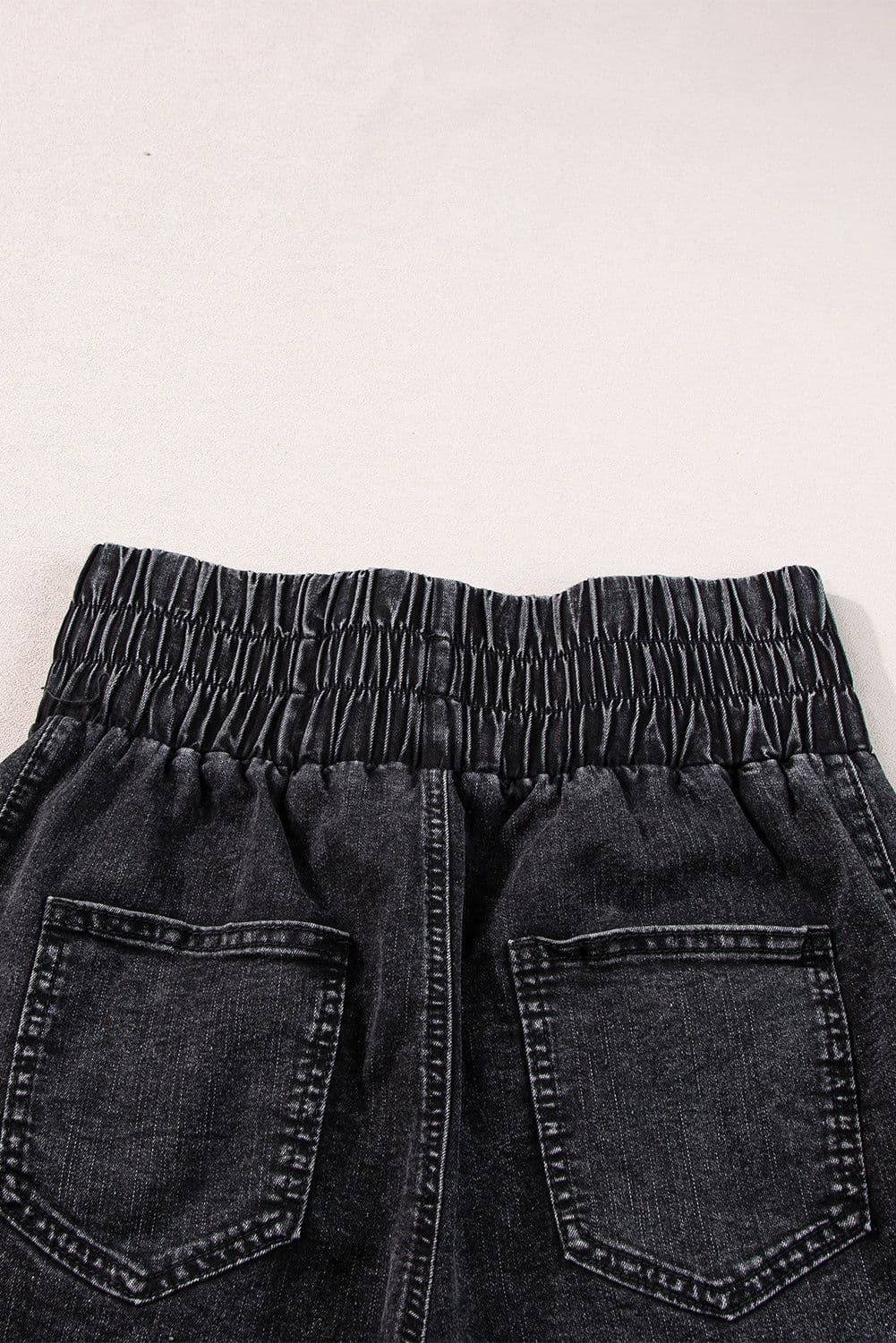 image-Black Smocked High Waist Mineral Washed Jean Shorts