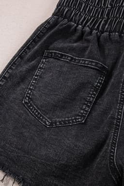 image-Black Smocked High Waist Mineral Washed Jean Shorts