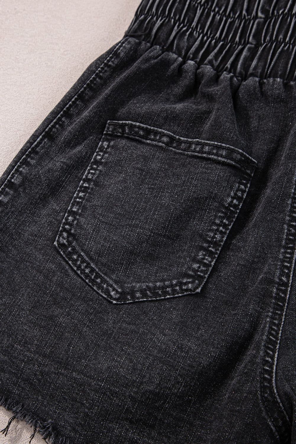 image-Black Smocked High Waist Mineral Washed Jean Shorts