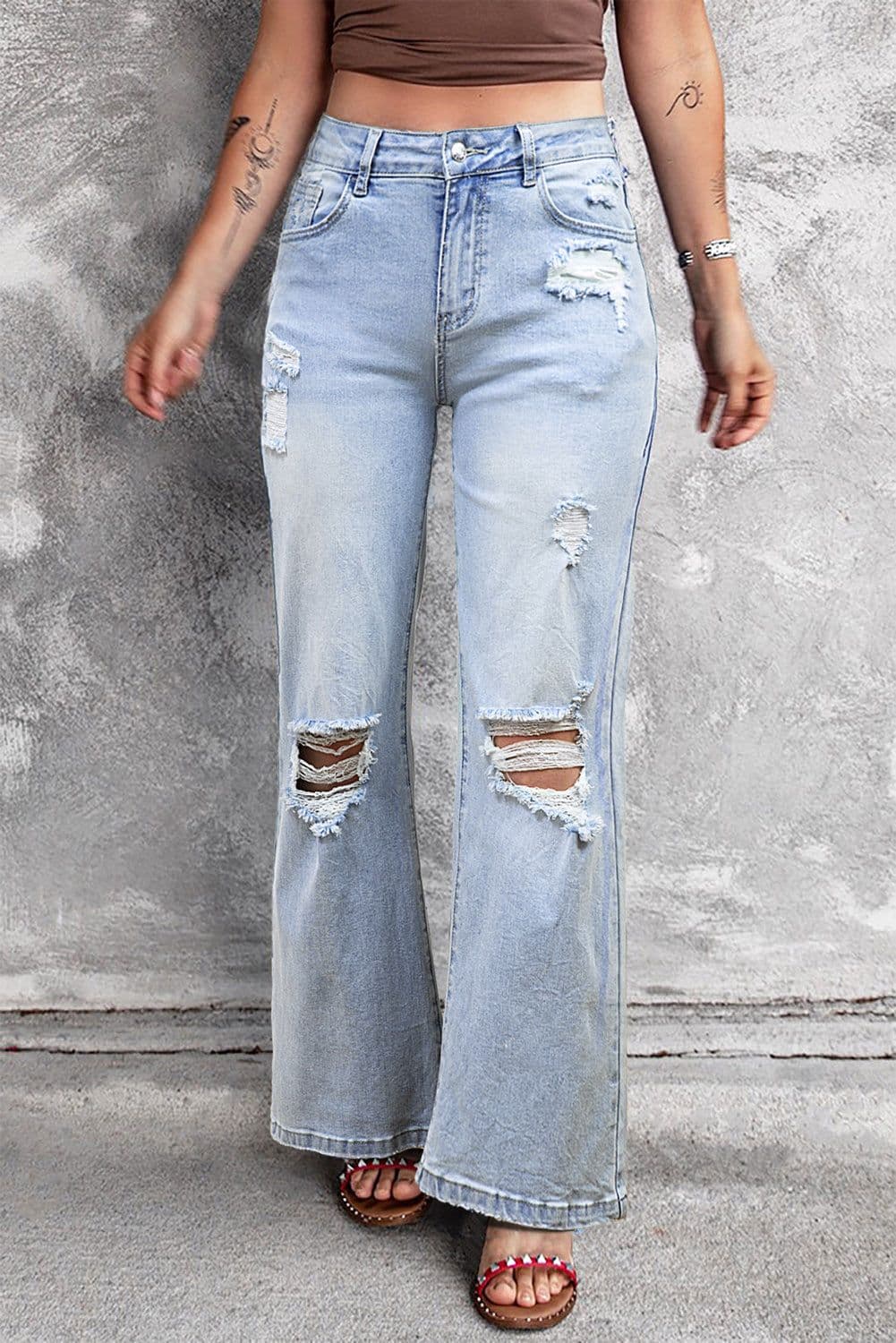 image-Beau Blue Vintage Light Wash Distressed Flare Jeans
