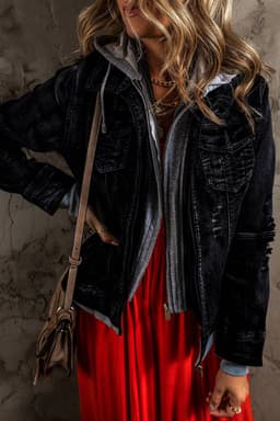image-Dark Blue Fake Two-Piece Hooded Zip-Up Denim Jacket