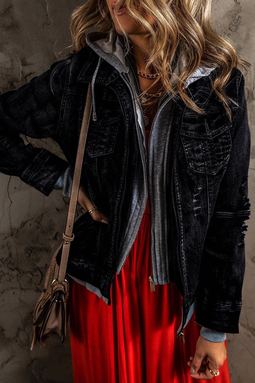 image-Dark Blue Fake Two-Piece Hooded Zip-Up Denim Jacket