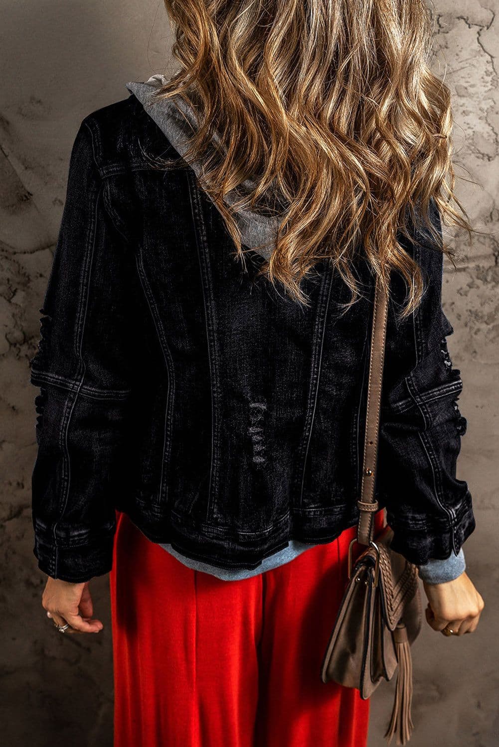 image-Dark Blue Fake Two-Piece Hooded Zip-Up Denim Jacket