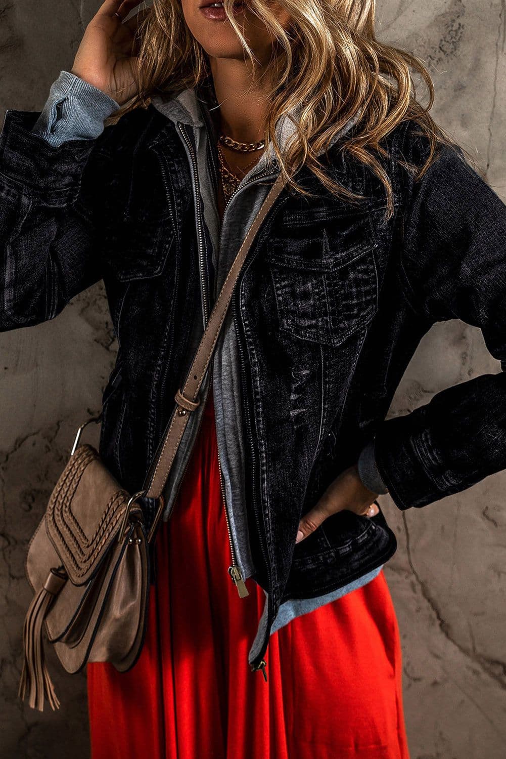 image-Dark Blue Fake Two-Piece Hooded Zip-Up Denim Jacket