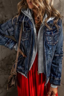 image-Dark Blue Fake Two-Piece Hooded Zip-Up Denim Jacket