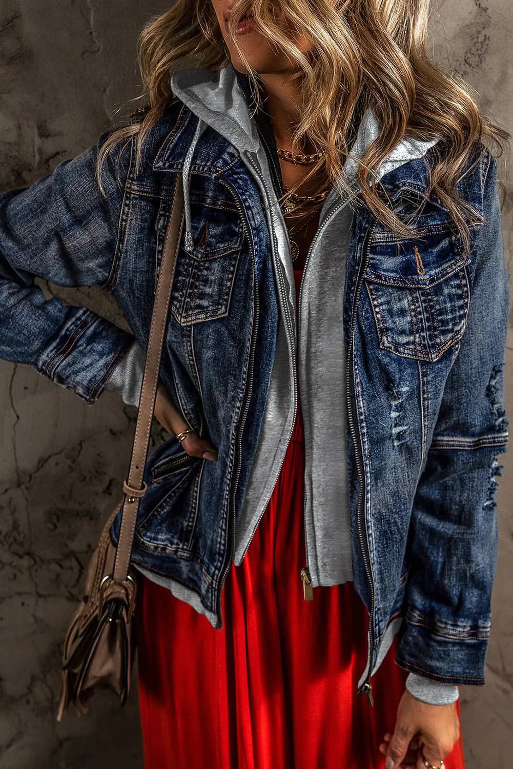image-Dark Blue Fake Two-Piece Hooded Zip-Up Denim Jacket