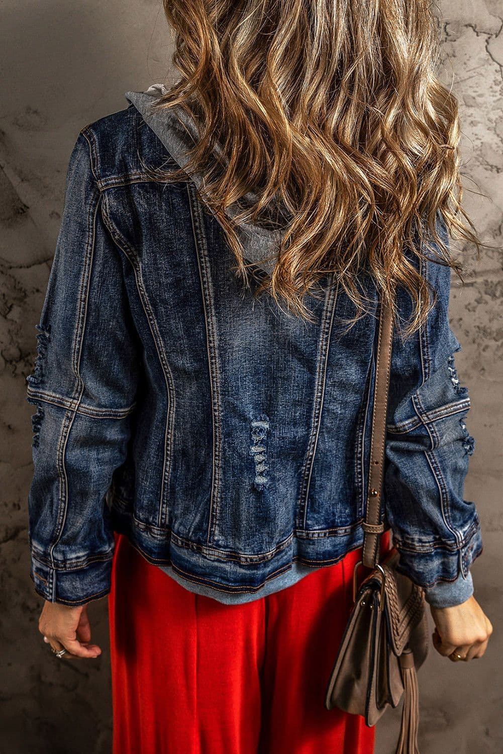 image-Dark Blue Fake Two-Piece Hooded Zip-Up Denim Jacket