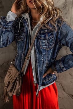 image-Dark Blue Fake Two-Piece Hooded Zip-Up Denim Jacket