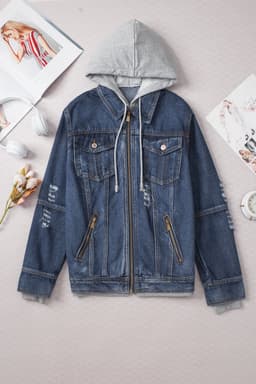 image-Dark Blue Fake Two-Piece Hooded Zip-Up Denim Jacket