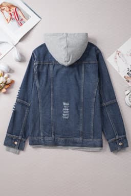 image-Dark Blue Fake Two-Piece Hooded Zip-Up Denim Jacket