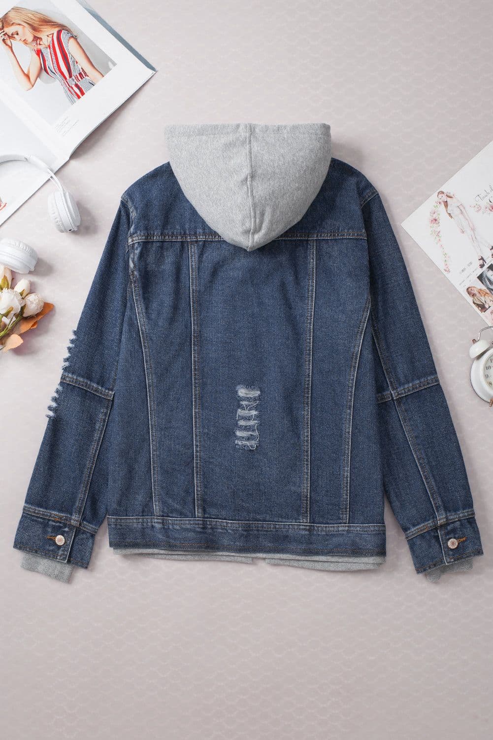 image-Dark Blue Fake Two-Piece Hooded Zip-Up Denim Jacket