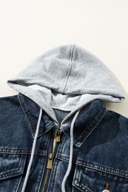 image-Dark Blue Fake Two-Piece Hooded Zip-Up Denim Jacket