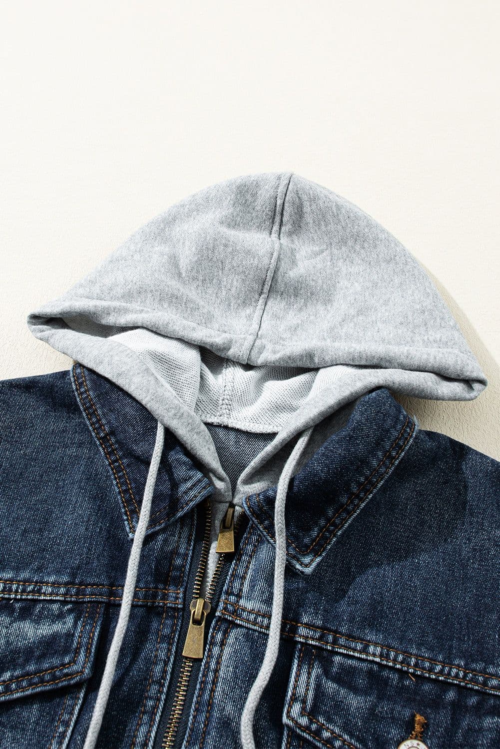 image-Dark Blue Fake Two-Piece Hooded Zip-Up Denim Jacket
