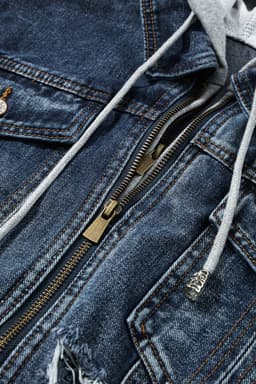 image-Dark Blue Fake Two-Piece Hooded Zip-Up Denim Jacket