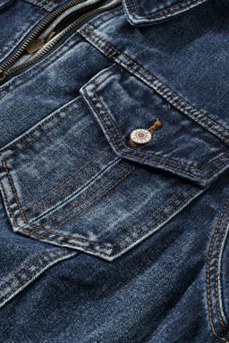 image-Dark Blue Fake Two-Piece Hooded Zip-Up Denim Jacket