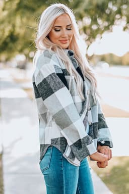 image-Plaid Color Block Buttoned Long Sleeve Jacket with Pocket