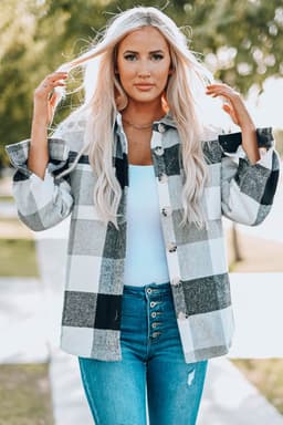 image-Plaid Color Block Buttoned Long Sleeve Jacket with Pocket