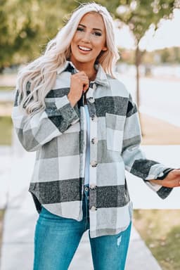 image-Plaid Color Block Buttoned Long Sleeve Jacket with Pocket