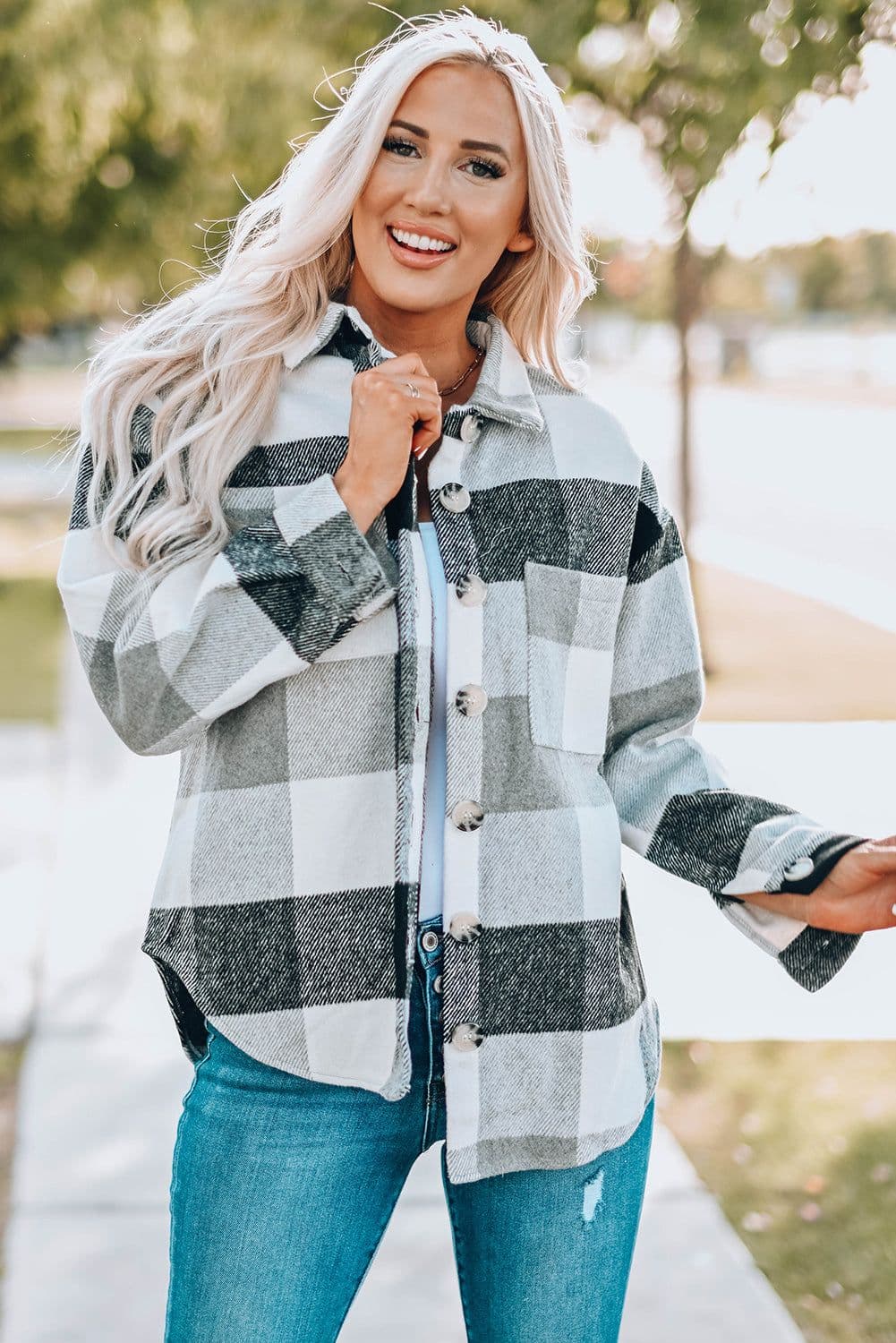 image-Plaid Color Block Buttoned Long Sleeve Jacket with Pocket