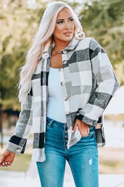 image-Plaid Color Block Buttoned Long Sleeve Jacket with Pocket