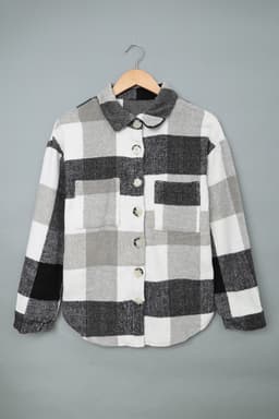 image-Plaid Color Block Buttoned Long Sleeve Jacket with Pocket