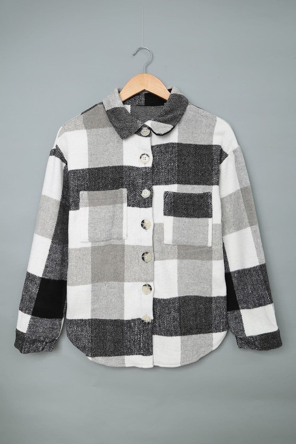 image-Plaid Color Block Buttoned Long Sleeve Jacket with Pocket