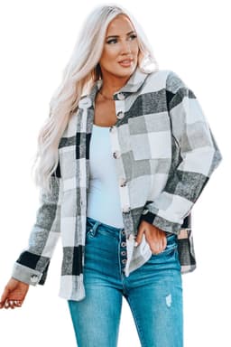 image-Plaid Color Block Buttoned Long Sleeve Jacket with Pocket