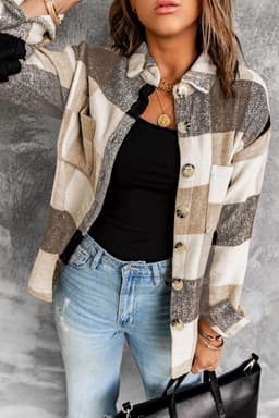 image-Plaid Color Block Buttoned Long Sleeve Jacket with Pocket