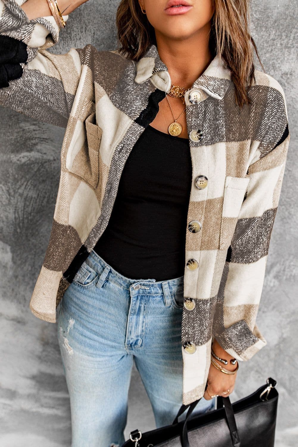 image-Plaid Color Block Buttoned Long Sleeve Jacket with Pocket
