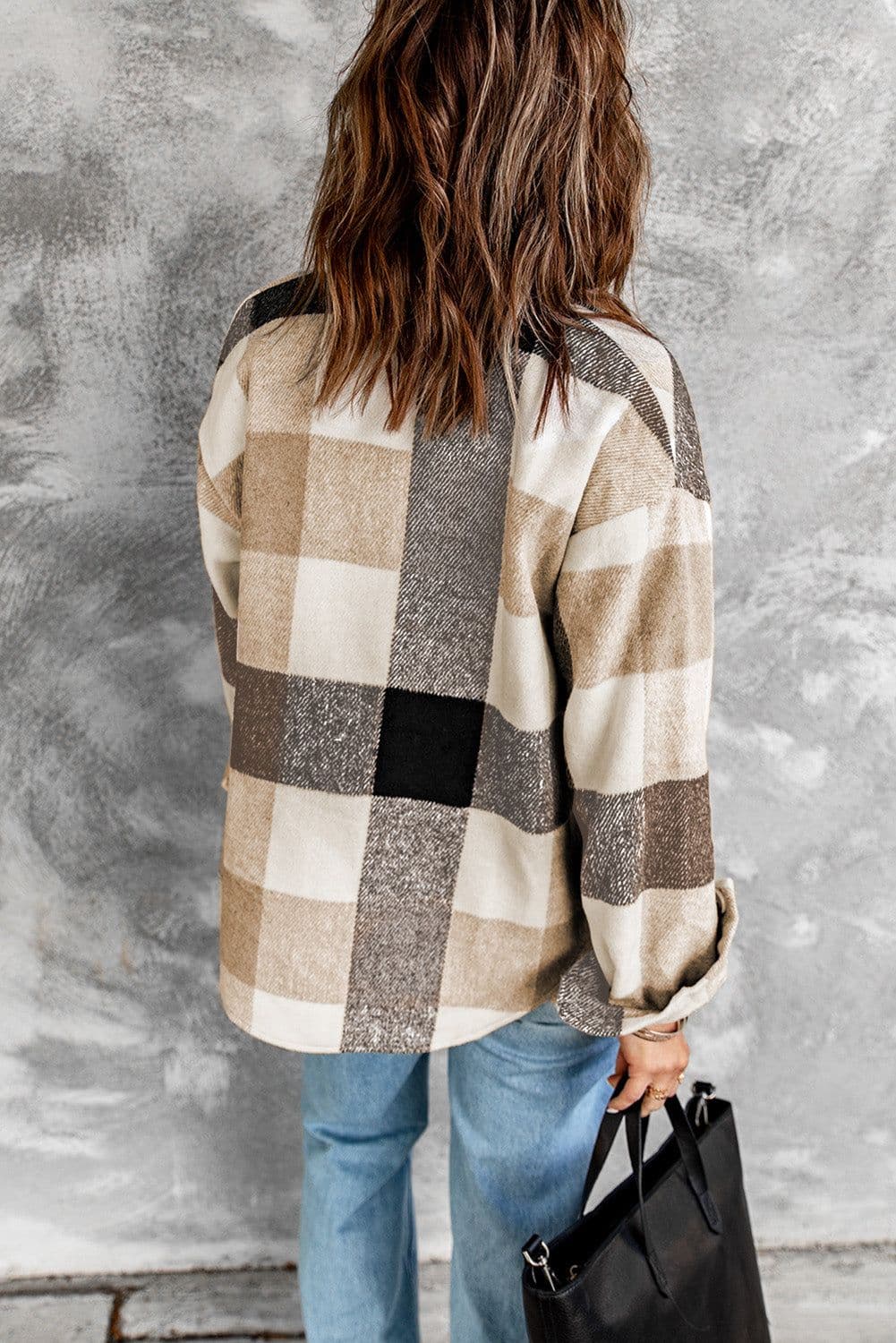 image-Plaid Color Block Buttoned Long Sleeve Jacket with Pocket