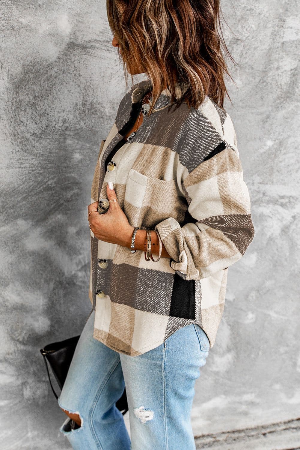 image-Plaid Color Block Buttoned Long Sleeve Jacket with Pocket