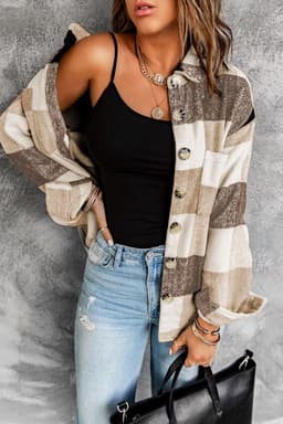 image-Plaid Color Block Buttoned Long Sleeve Jacket with Pocket
