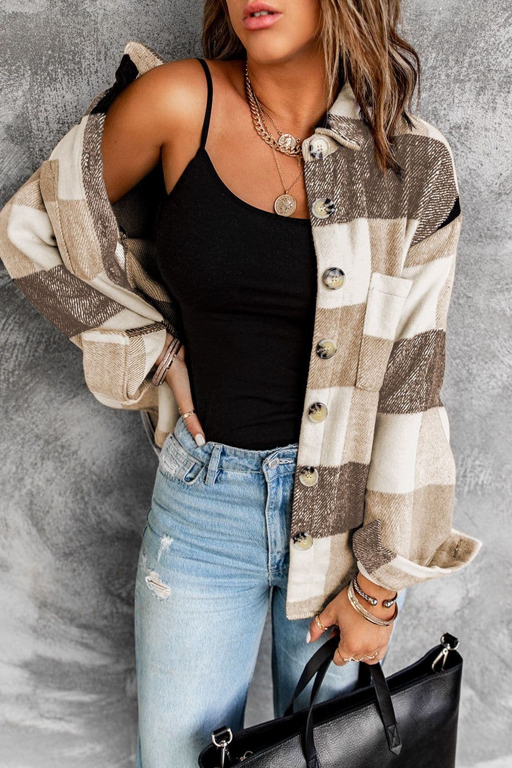 image-Plaid Color Block Buttoned Long Sleeve Jacket with Pocket