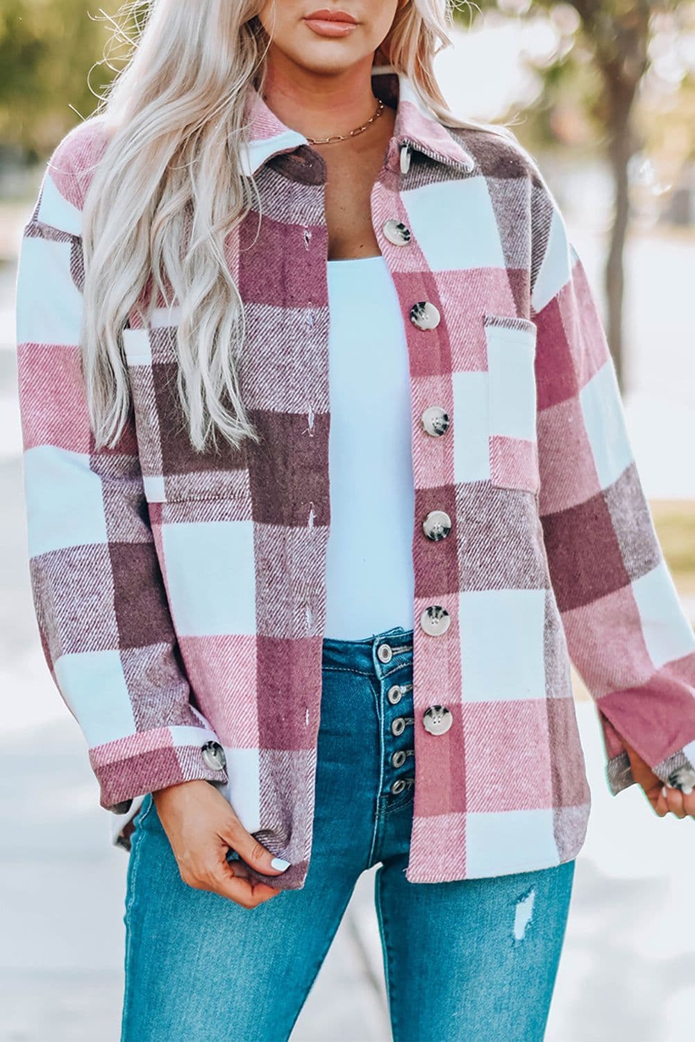image-Plaid Color Block Buttoned Long Sleeve Jacket with Pocket