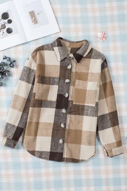 image-Plaid Color Block Buttoned Long Sleeve Jacket with Pocket