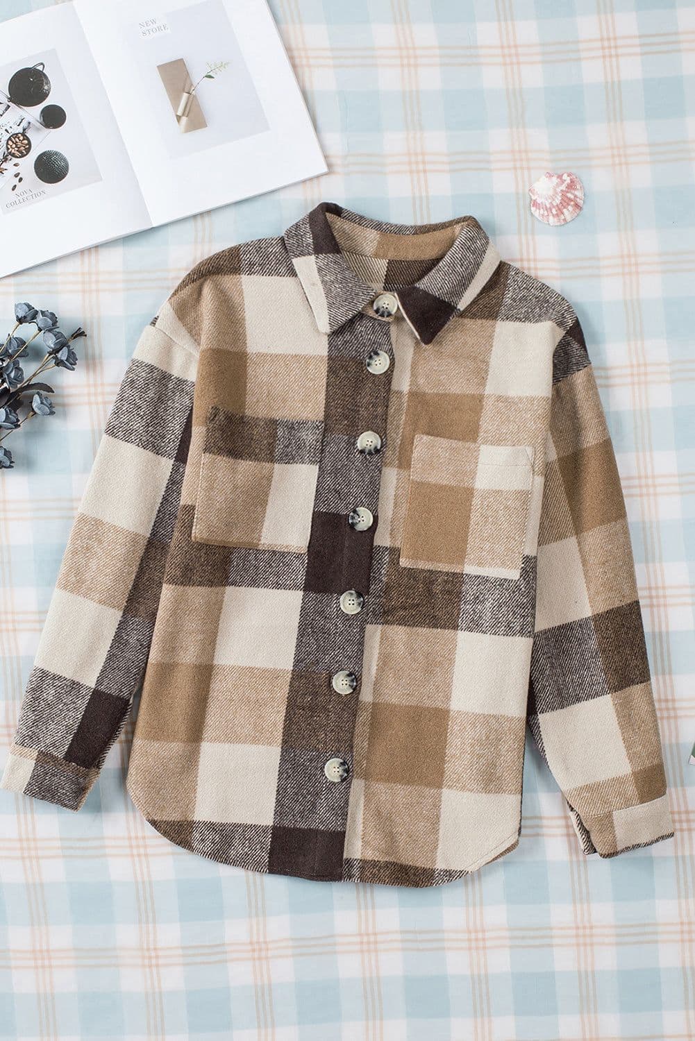 image-Plaid Color Block Buttoned Long Sleeve Jacket with Pocket