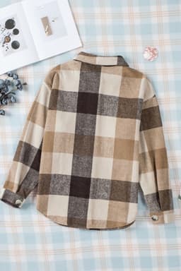 image-Plaid Color Block Buttoned Long Sleeve Jacket with Pocket