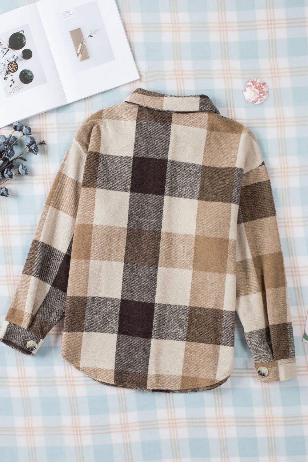 image-Plaid Color Block Buttoned Long Sleeve Jacket with Pocket