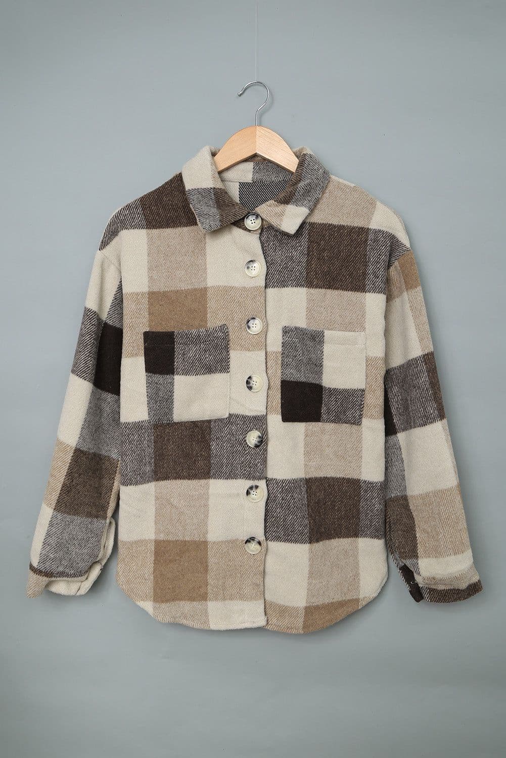 image-Plaid Color Block Buttoned Long Sleeve Jacket with Pocket