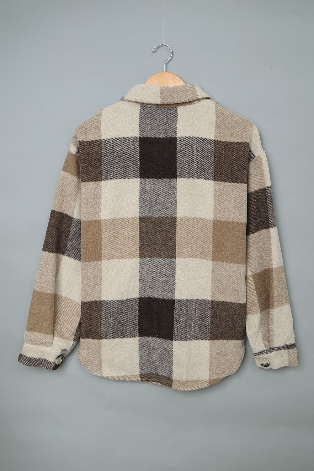 image-Plaid Color Block Buttoned Long Sleeve Jacket with Pocket