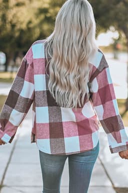 image-Plaid Color Block Buttoned Long Sleeve Jacket with Pocket