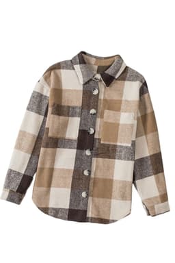 image-Plaid Color Block Buttoned Long Sleeve Jacket with Pocket