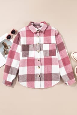 image-Plaid Color Block Buttoned Long Sleeve Jacket with Pocket