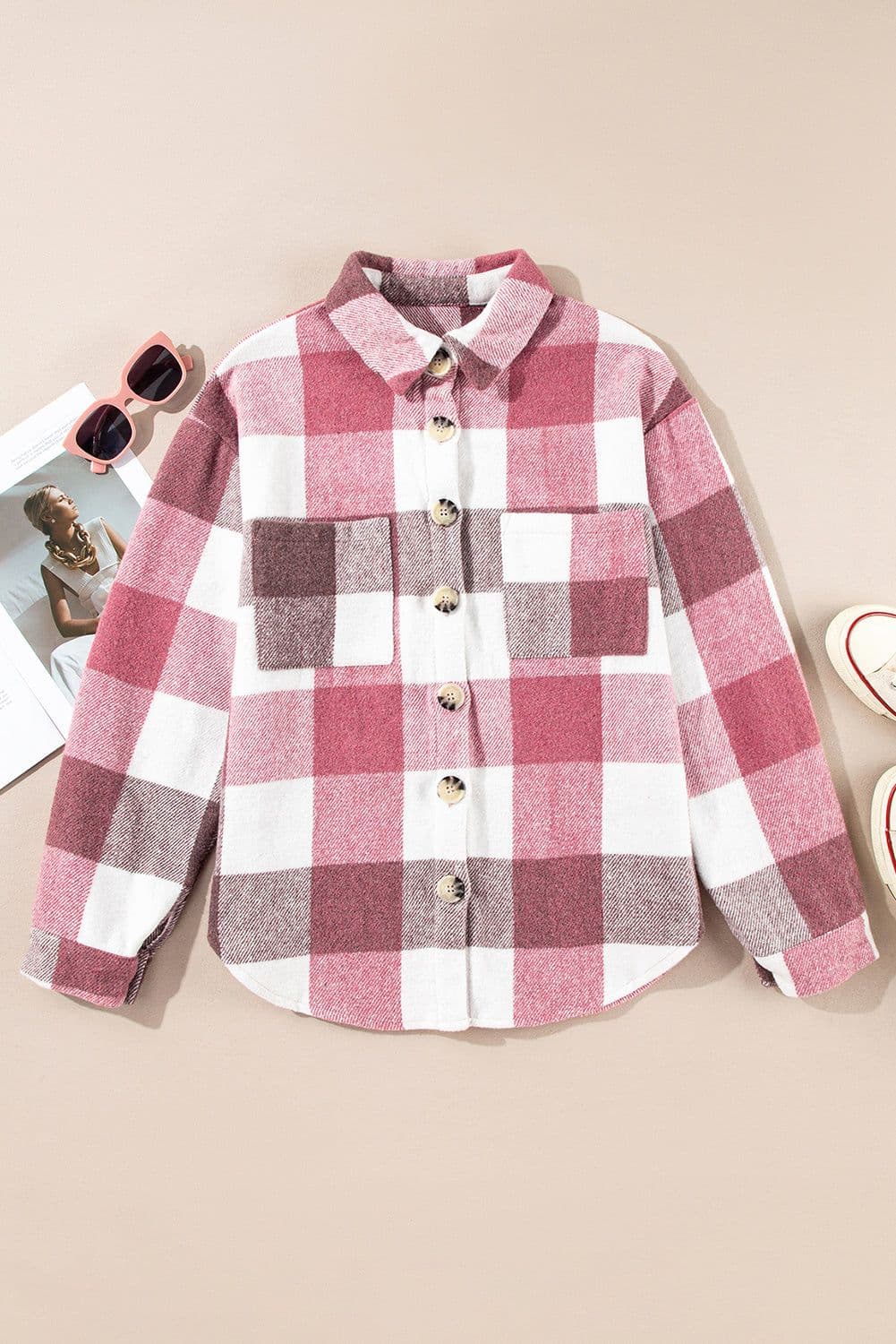 image-Plaid Color Block Buttoned Long Sleeve Jacket with Pocket