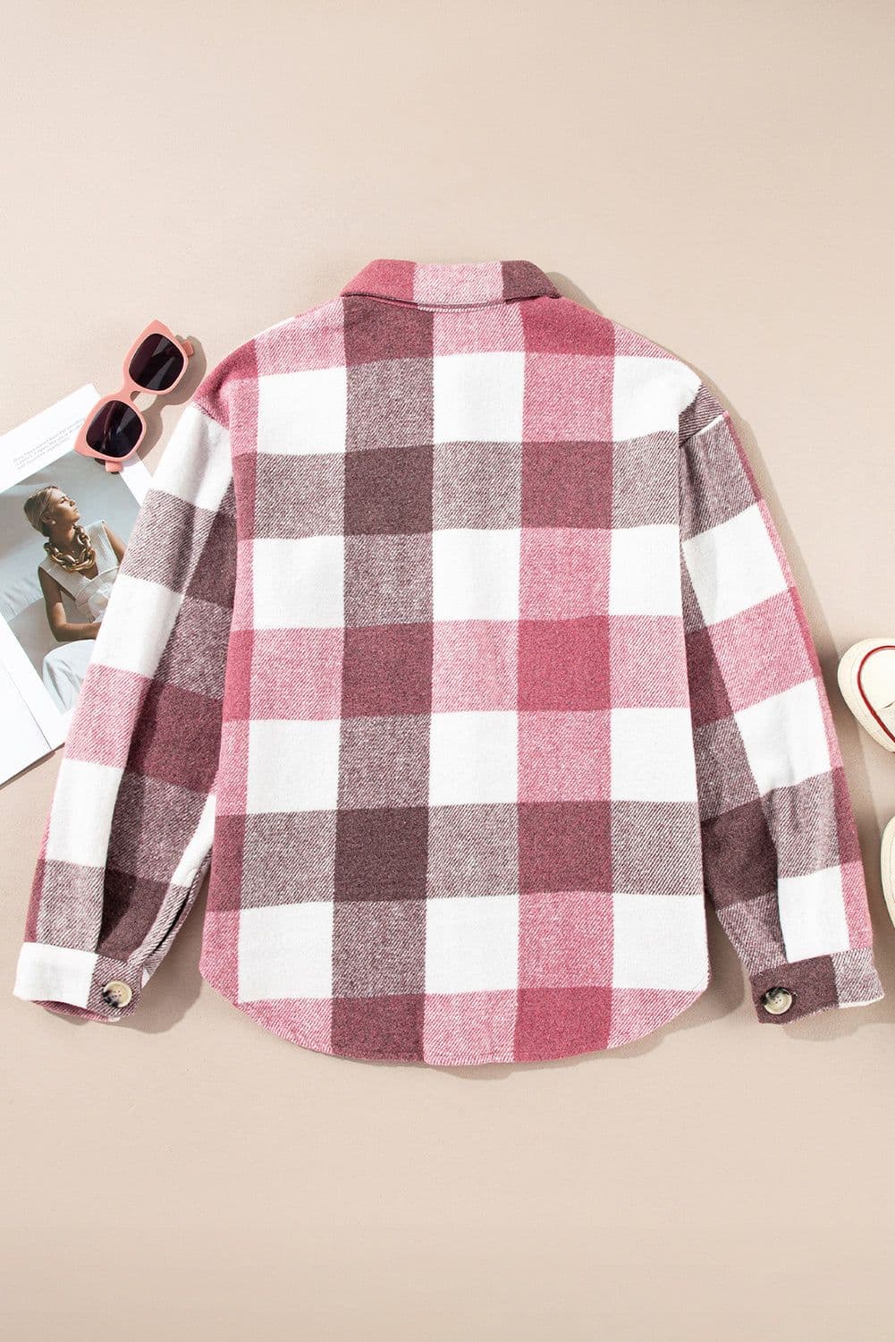 image-Plaid Color Block Buttoned Long Sleeve Jacket with Pocket