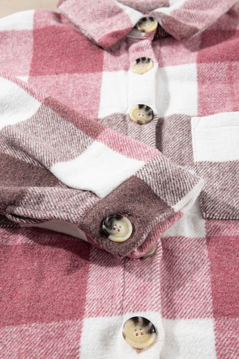 image-Plaid Color Block Buttoned Long Sleeve Jacket with Pocket
