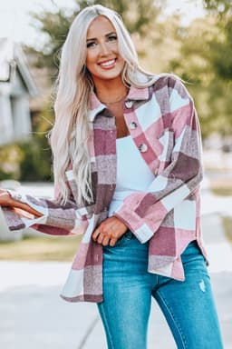image-Plaid Color Block Buttoned Long Sleeve Jacket with Pocket