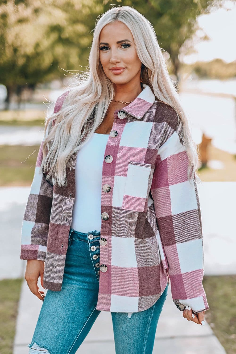 image-Plaid Color Block Buttoned Long Sleeve Jacket with Pocket