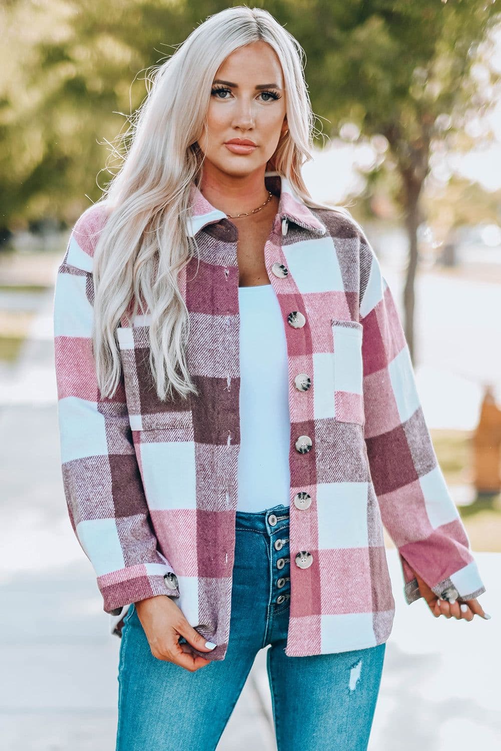image-Plaid Color Block Buttoned Long Sleeve Jacket with Pocket